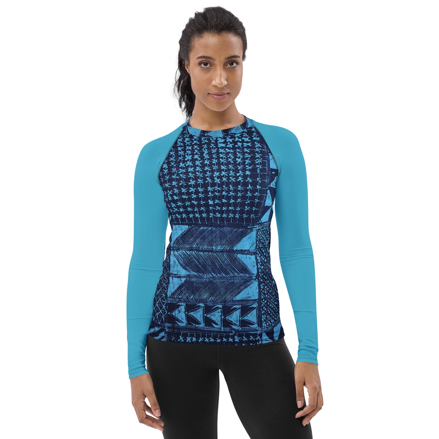 Black And Turquoise Shapes Adire Women's Rash Guard