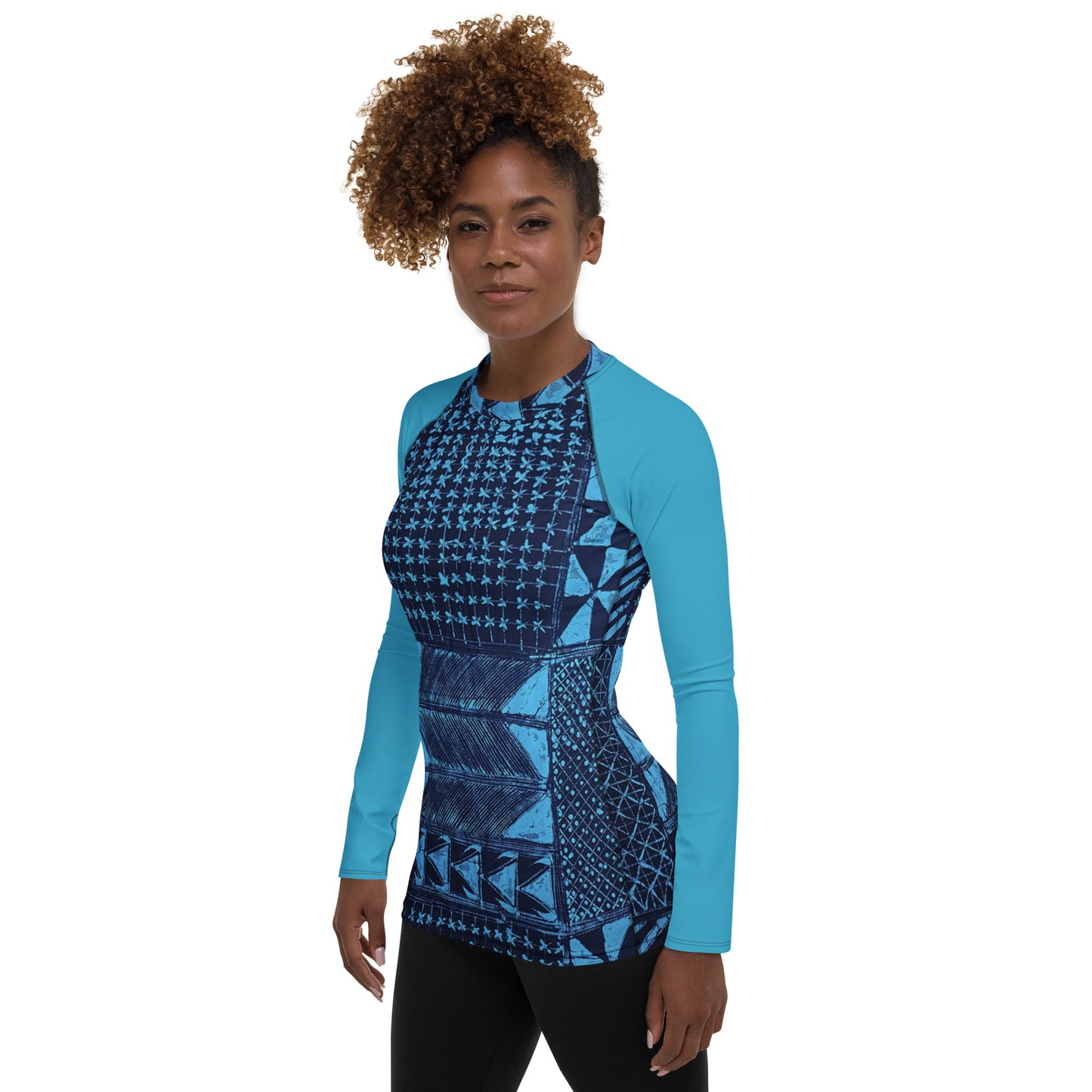 Black And Turquoise Shapes Adire Women's Rash Guard