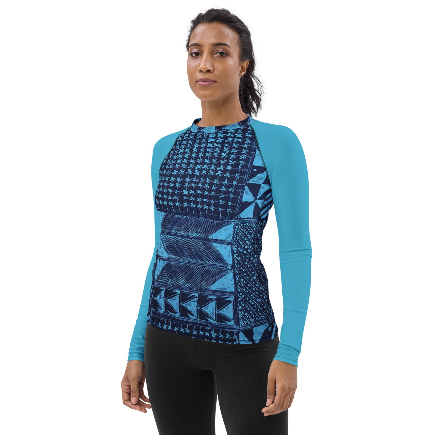 Black And Turquoise Shapes Adire Women's Rash Guard