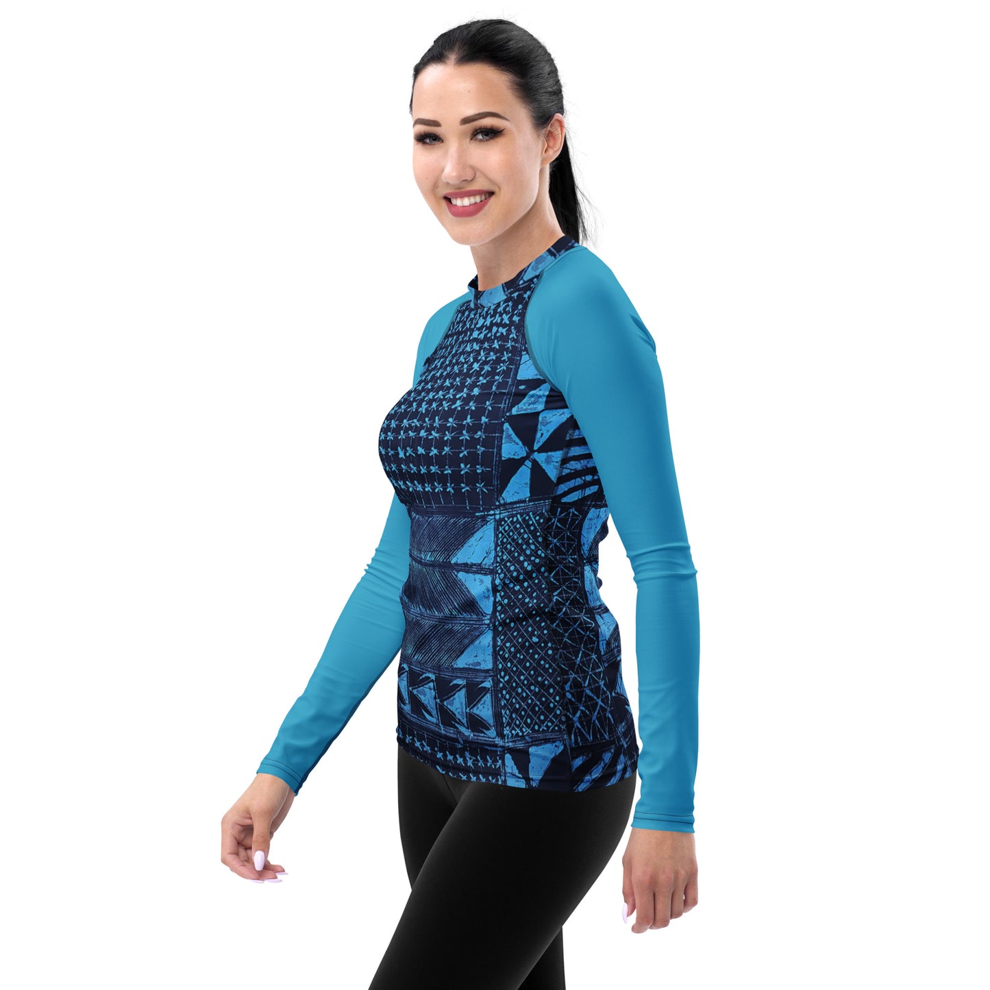 Black And Turquoise Shapes Adire Women's Rash Guard