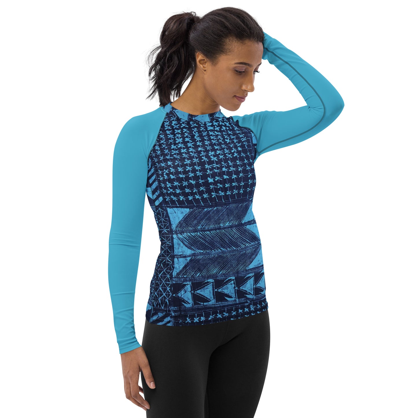 Black And Turquoise Shapes Adire Women's Rash Guard