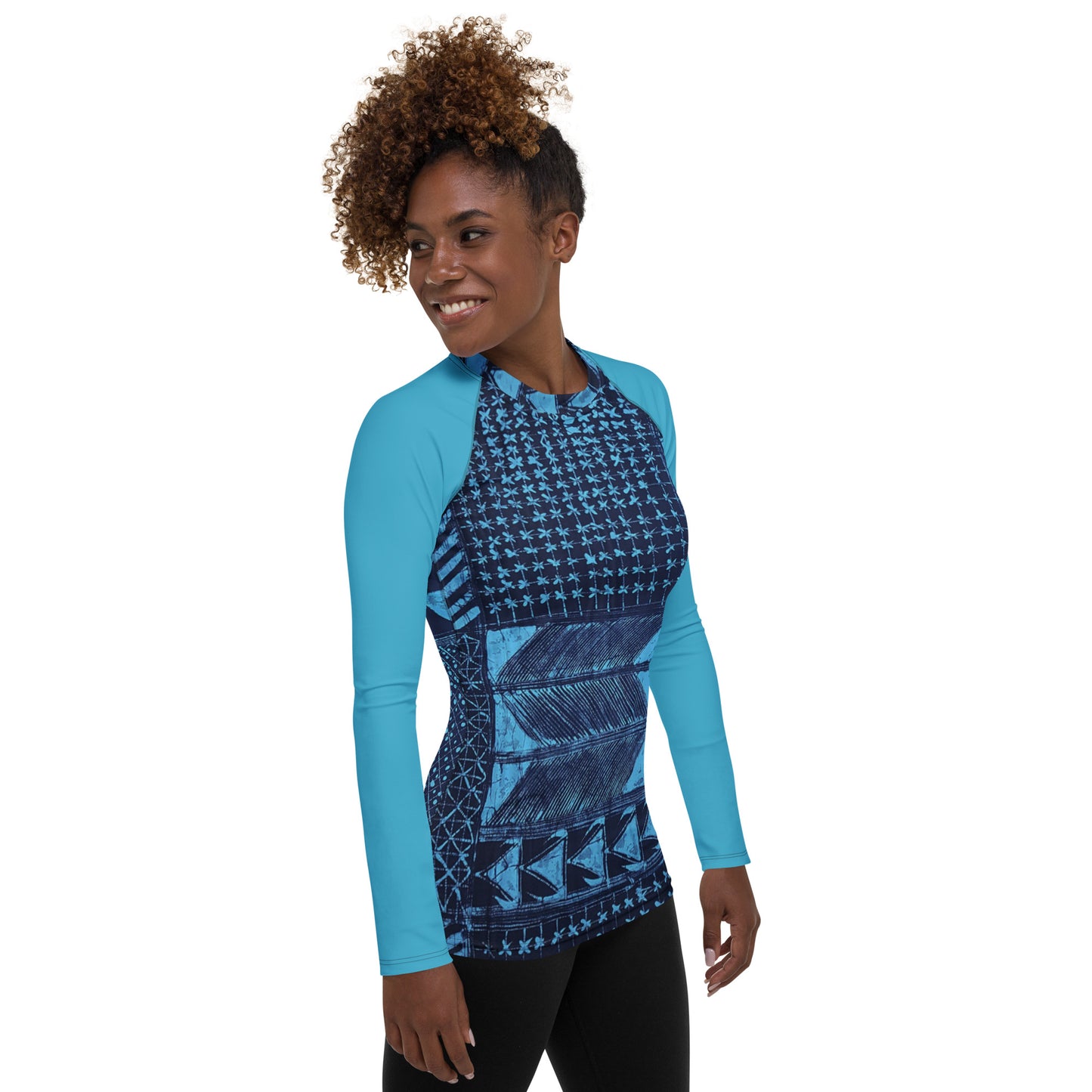 Black And Turquoise Shapes Adire Women's Rash Guard