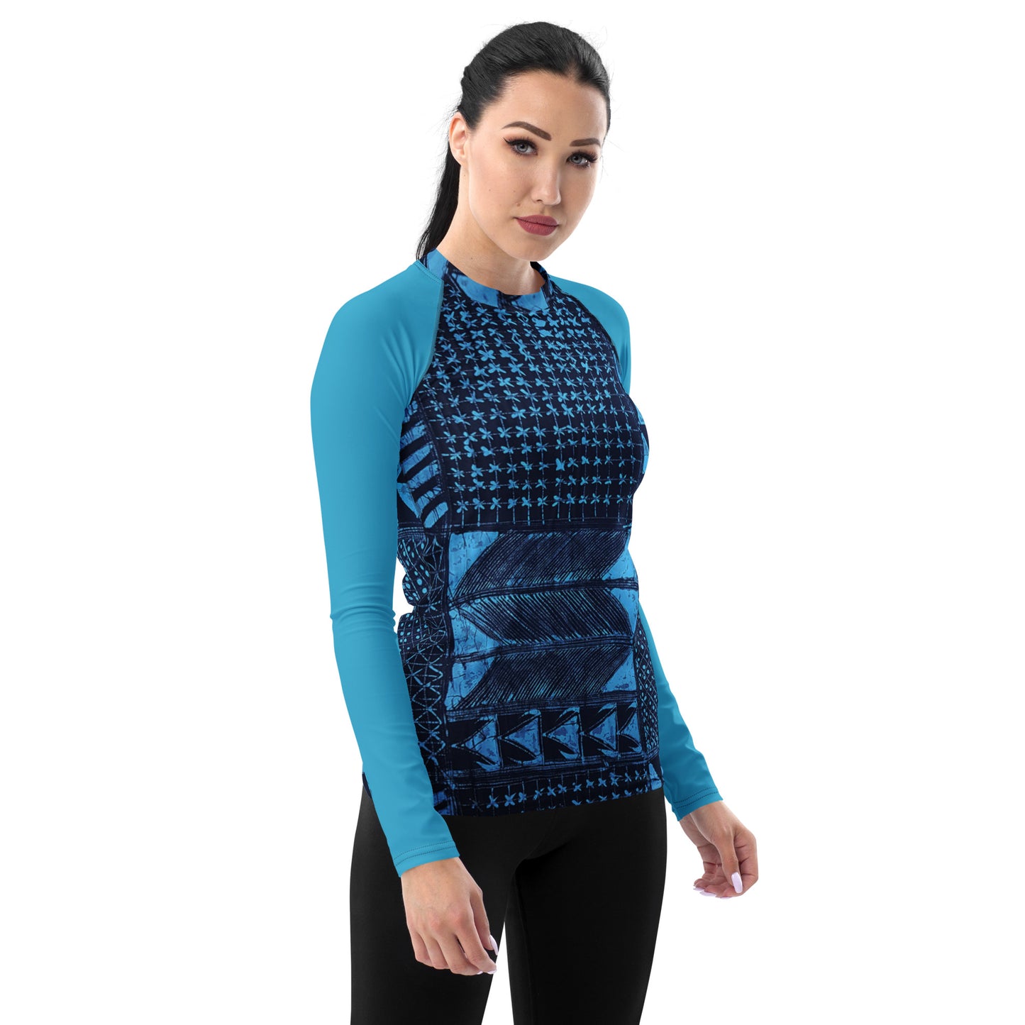 Black And Turquoise Shapes Adire Women's Rash Guard