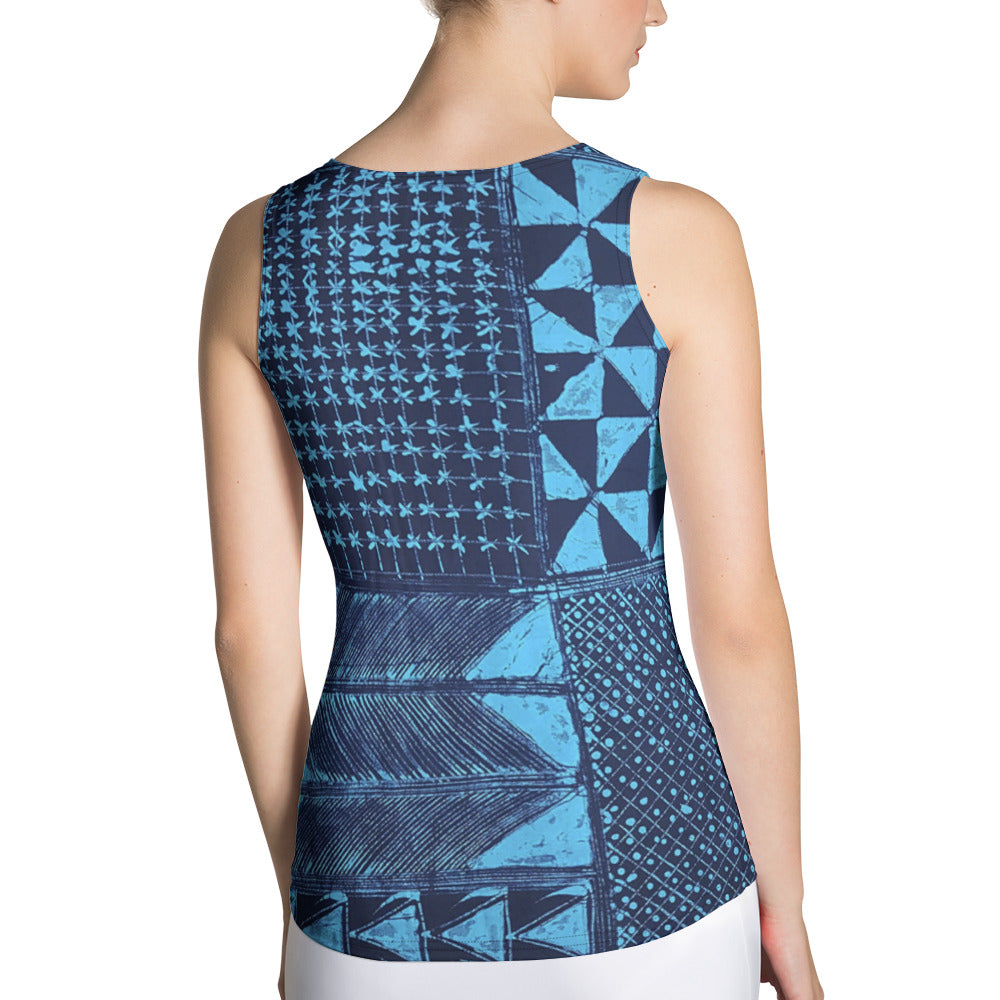 Black And Turquoise Shapes Adire Tank Top