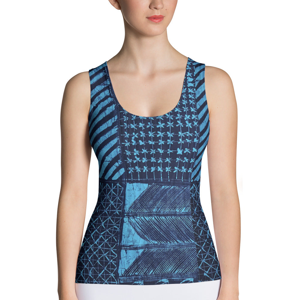 Black And Turquoise Shapes Adire Tank Top