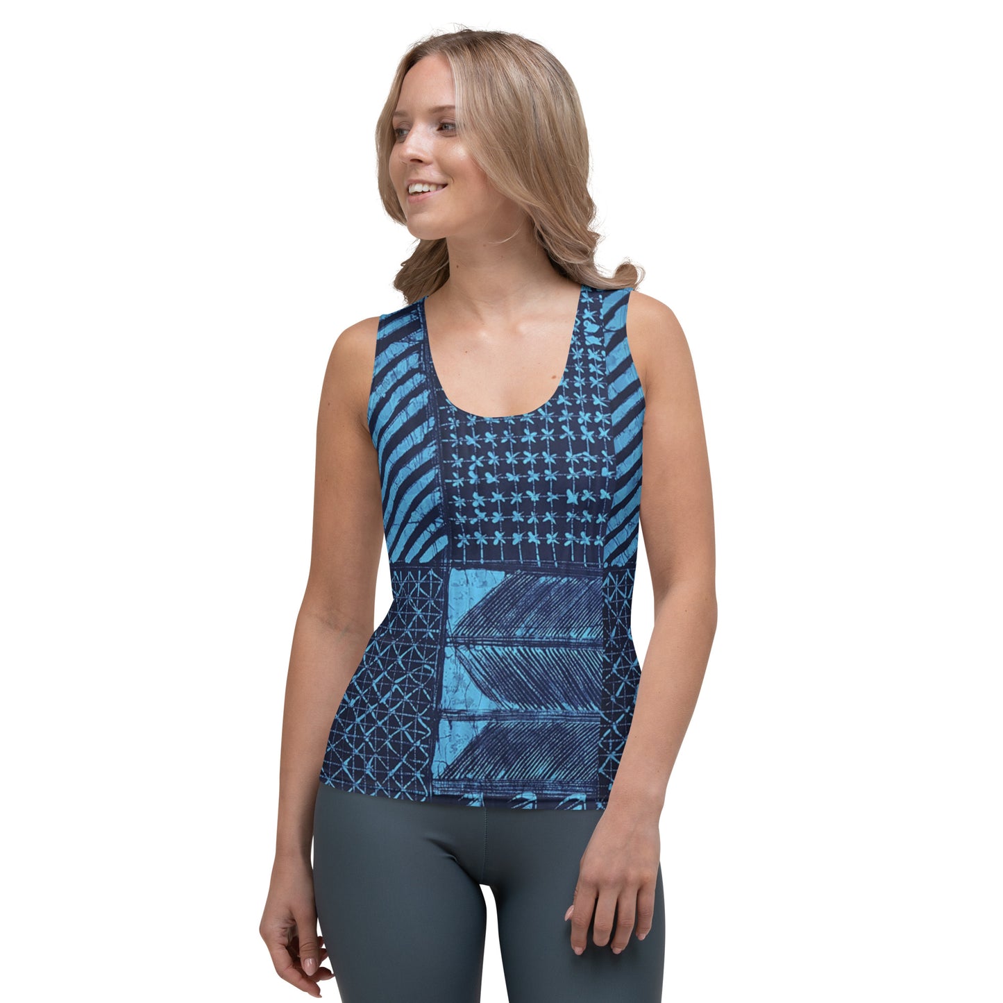 Black And Turquoise Shapes Adire Tank Top