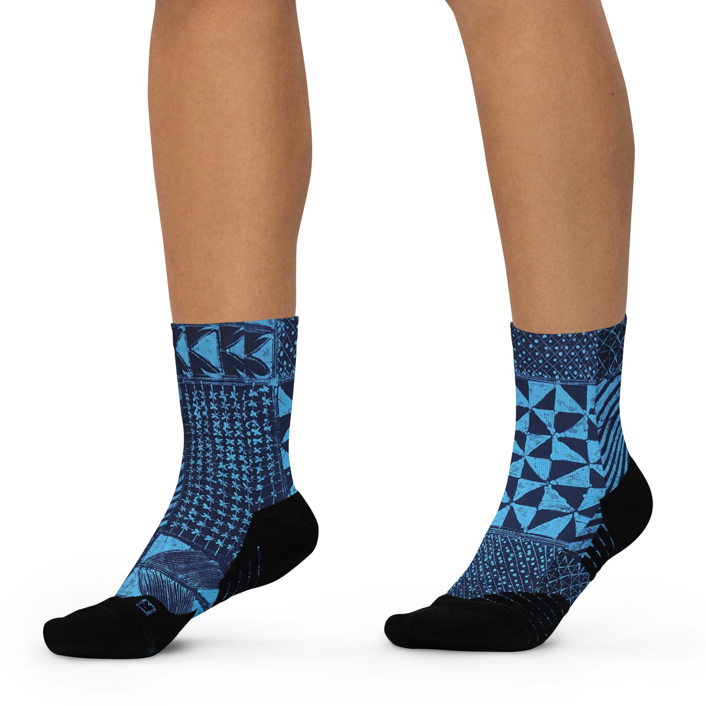 Black And Turquoise Shapes Adire Ankle Socks