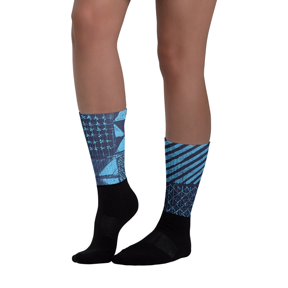 Black And Turquoise Shapes Adire Socks