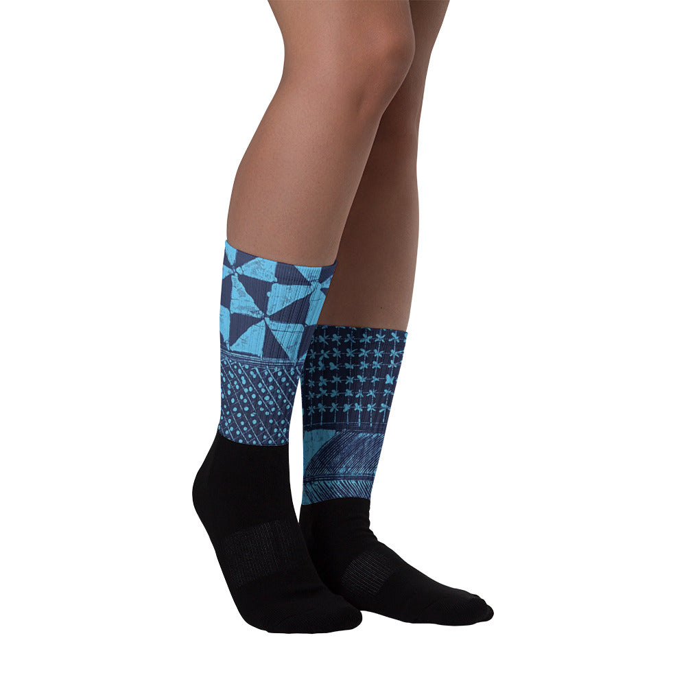 Black And Turquoise Shapes Adire Socks