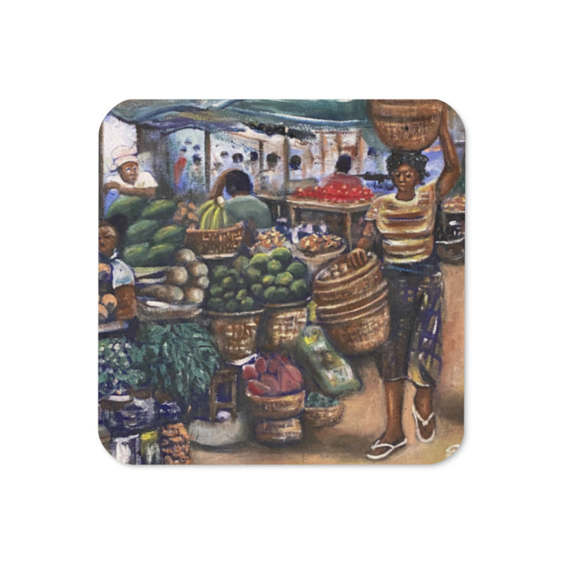 Native African Market Art Print Cork-back Coaster