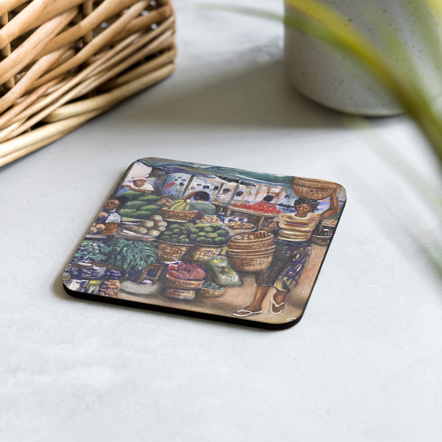 Native African Market Art Print Cork-back Coaster