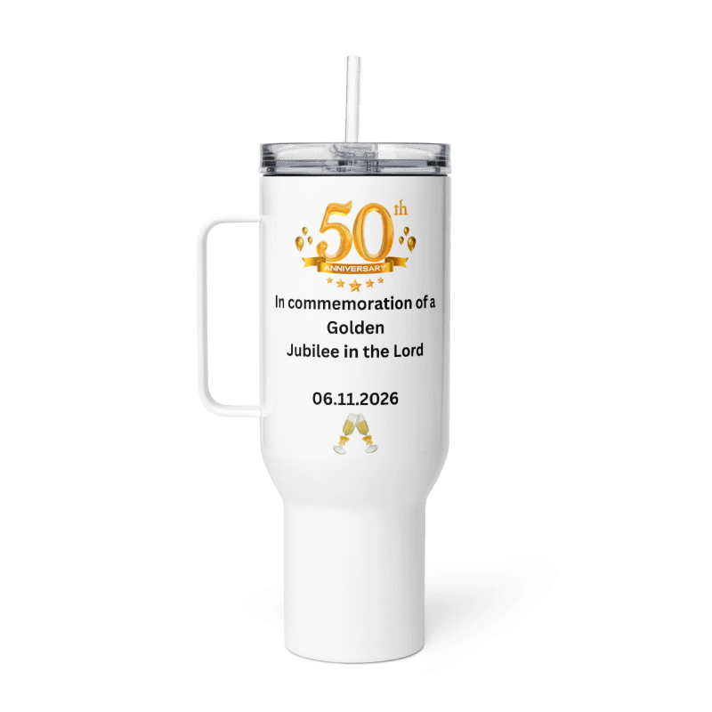 Personalised Golden Jubilee Travel mug with a handle