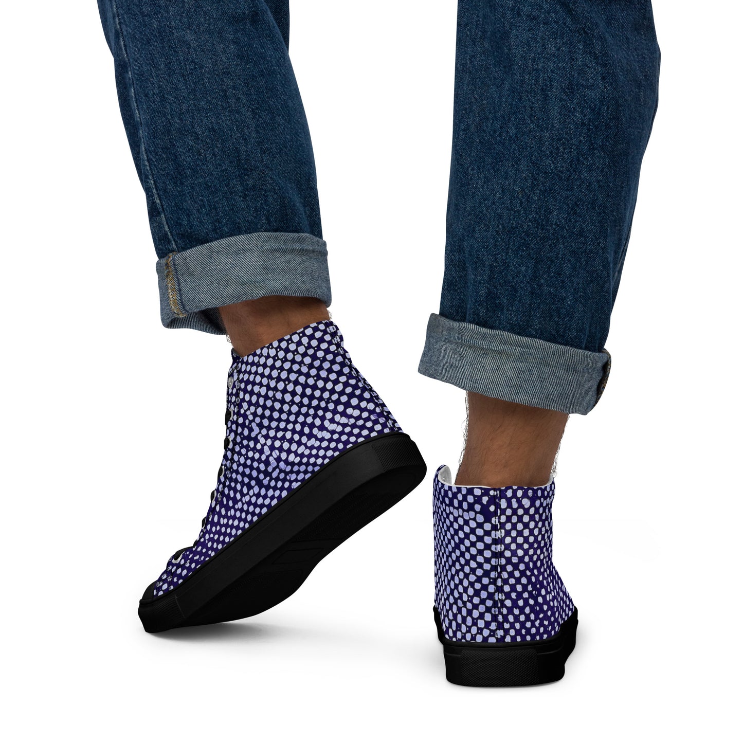 Purple & White Polka Dots Adire Men’s high top canvas shoes