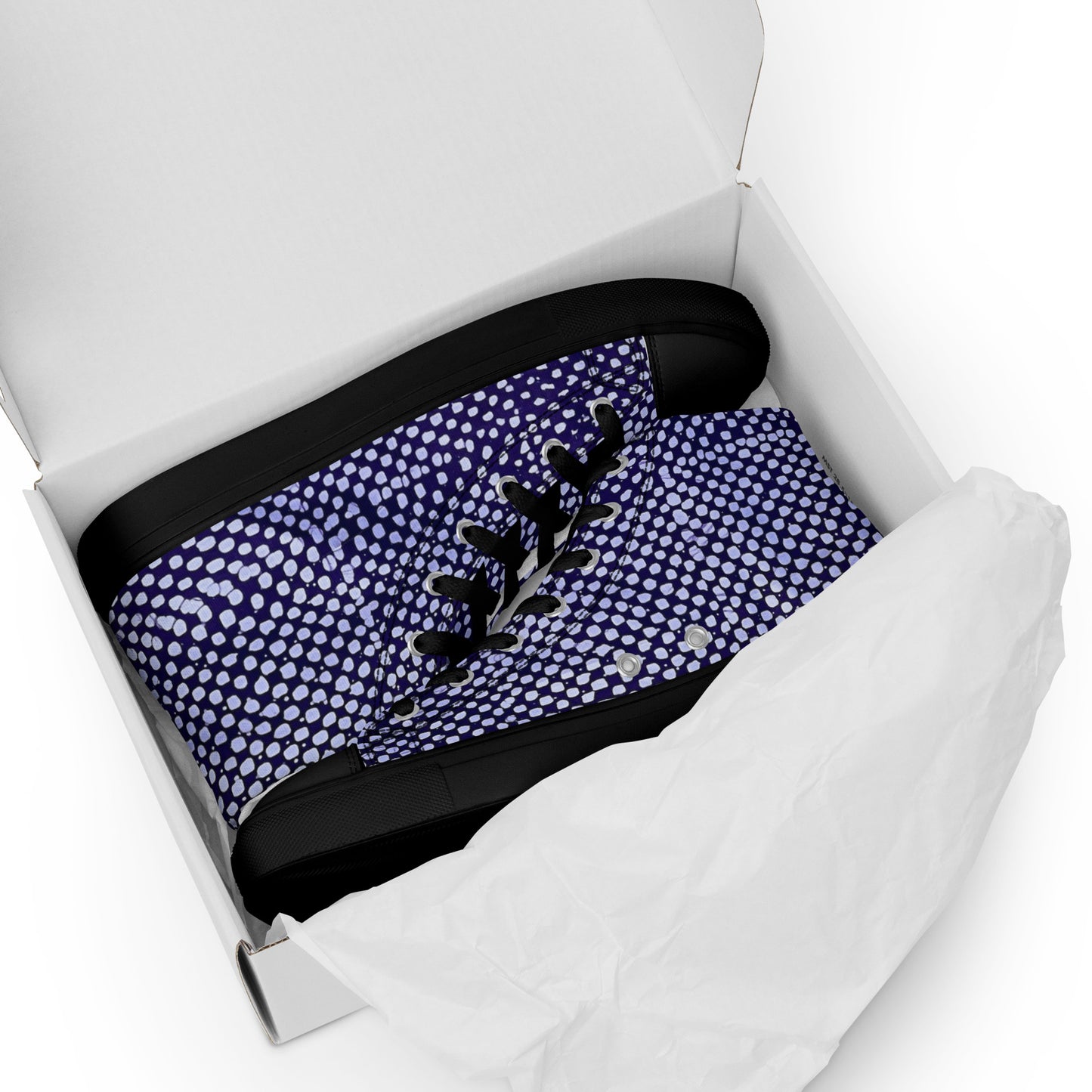 Purple & White Polka Dots Adire Men’s high top canvas shoes