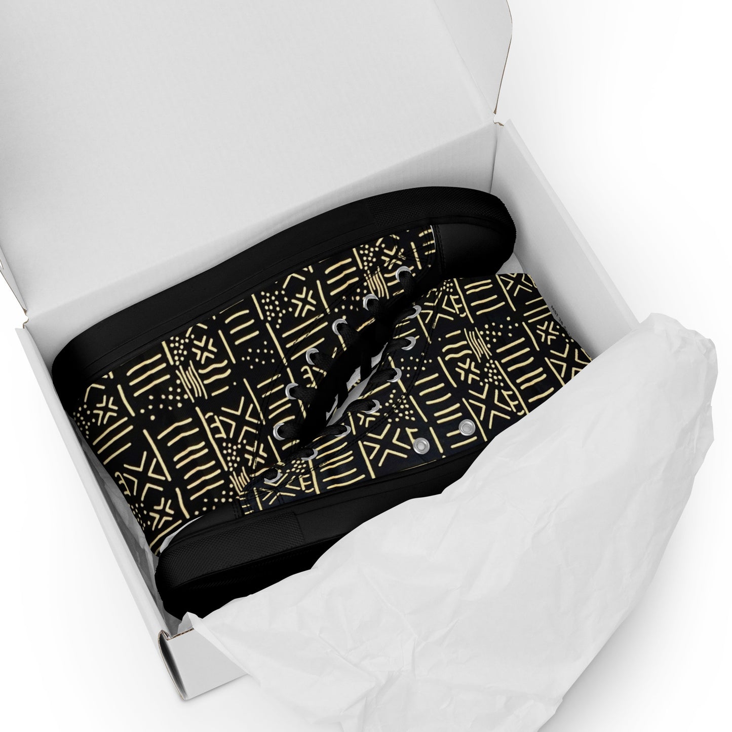 Cream Black African Print Men’s high top canvas shoes