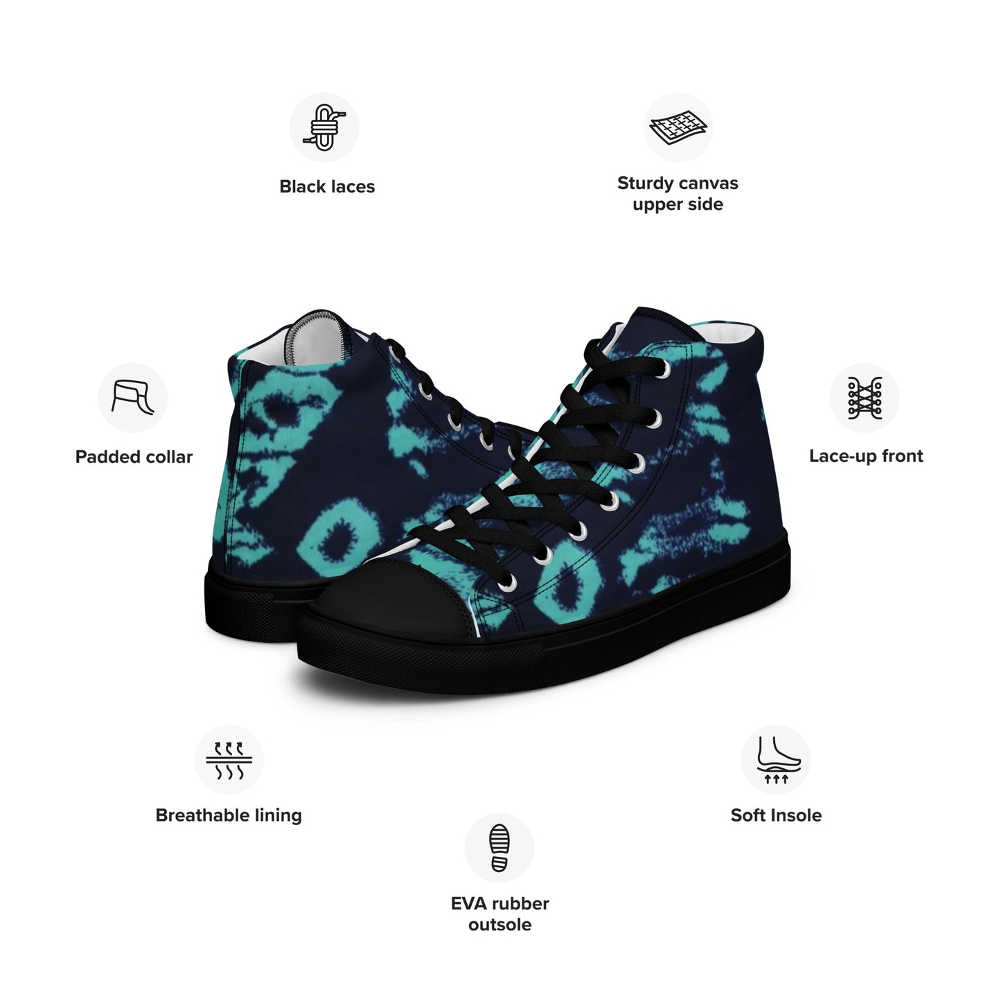 Turquoise Adire Ankara Men’s high top canvas shoes