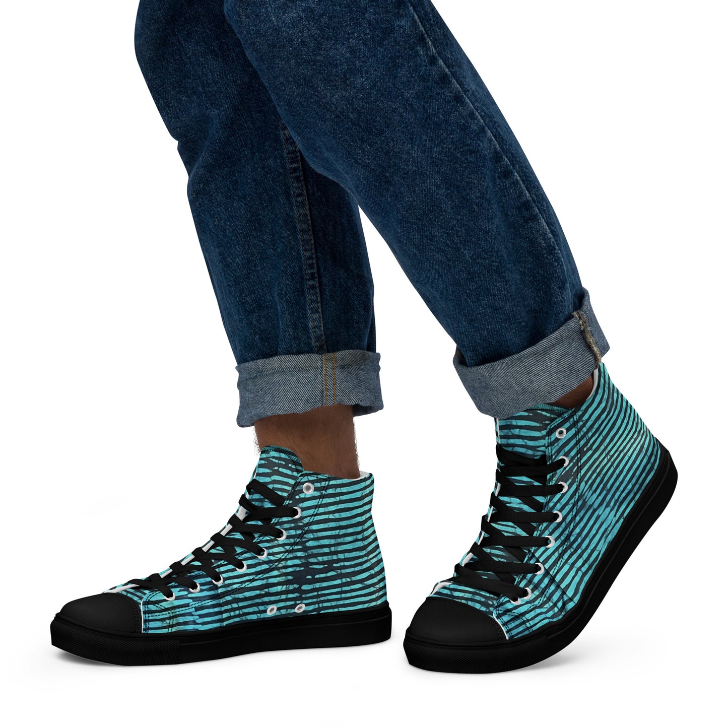 Aqua Black Stripes Adire Men’s high top canvas shoes