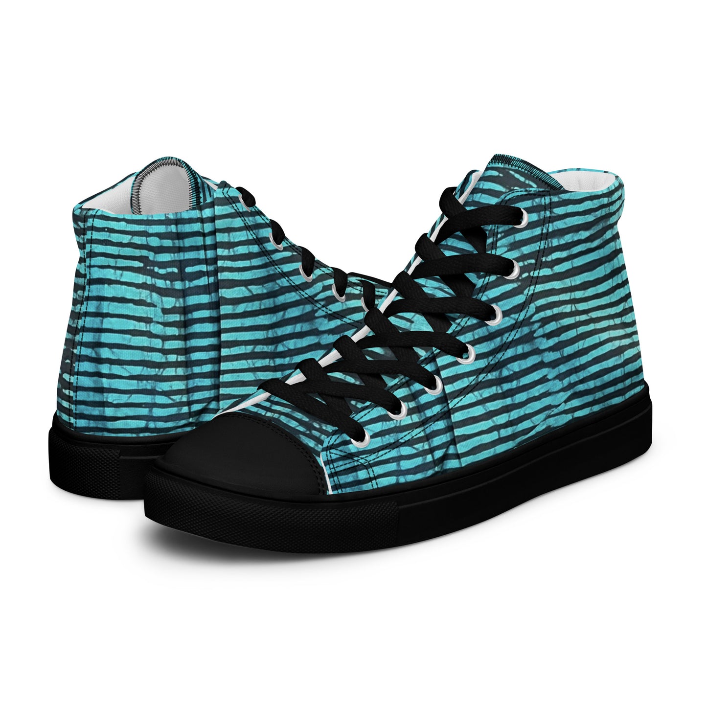 Aqua Black Stripes Adire Men’s high top canvas shoes