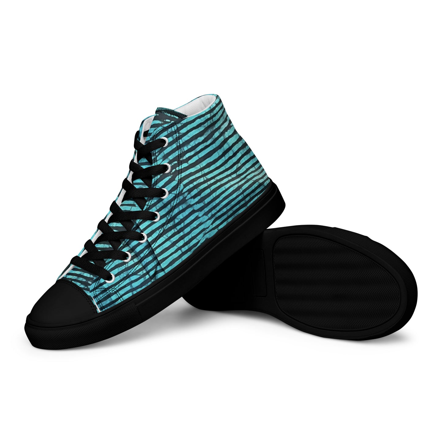 Aqua Black Stripes Adire Men’s high top canvas shoes