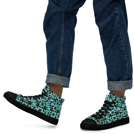 Aqua Abstract Shapes Adire Men’s high top canvas shoes