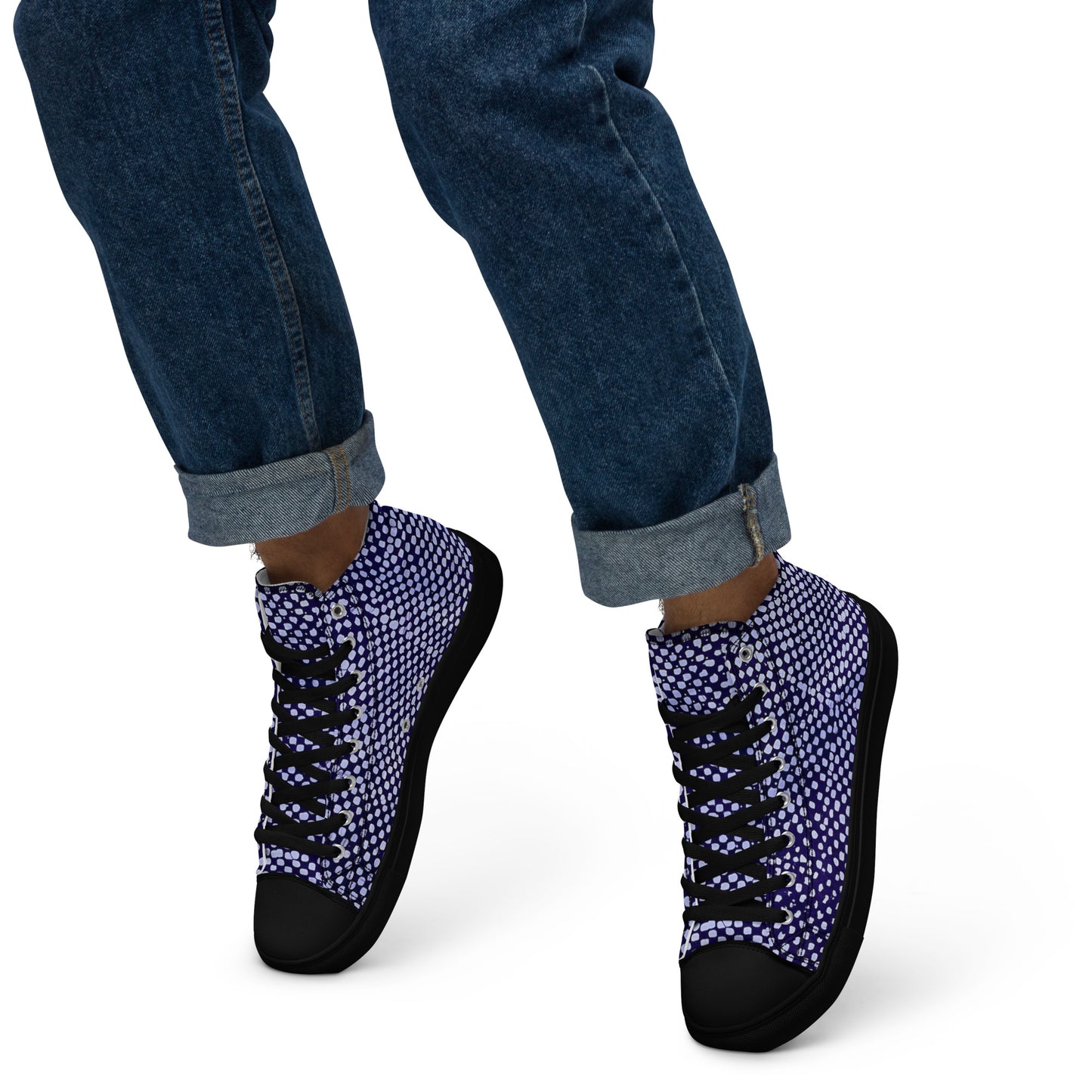 Purple & White Polka Dots Adire Men’s high top canvas shoes