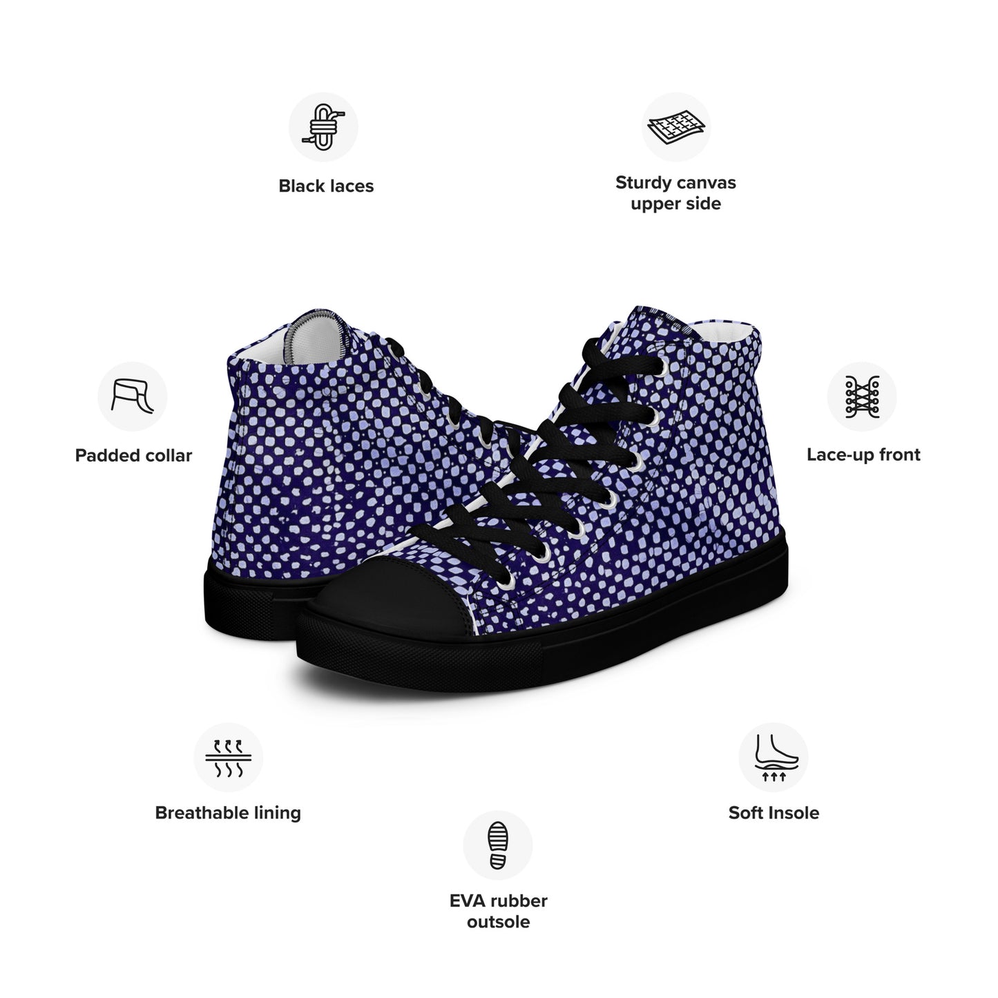 Purple & White Polka Dots Adire Men’s high top canvas shoes