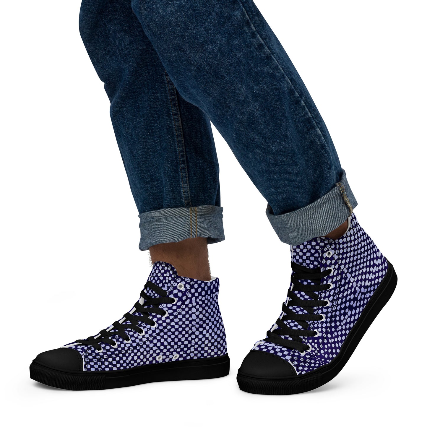 Purple & White Polka Dots Adire Men’s high top canvas shoes