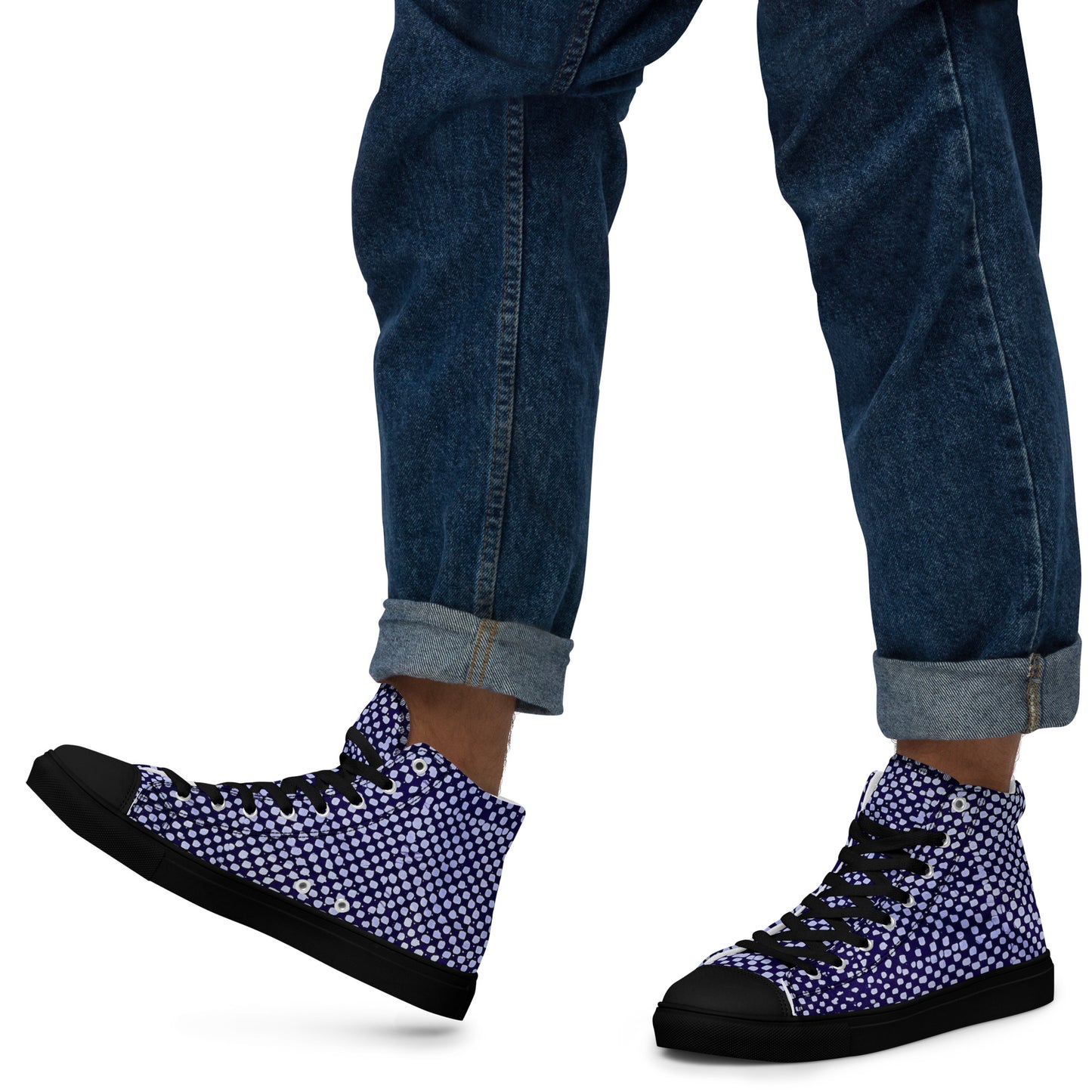 Purple & White Polka Dots Adire Men’s high top canvas shoes