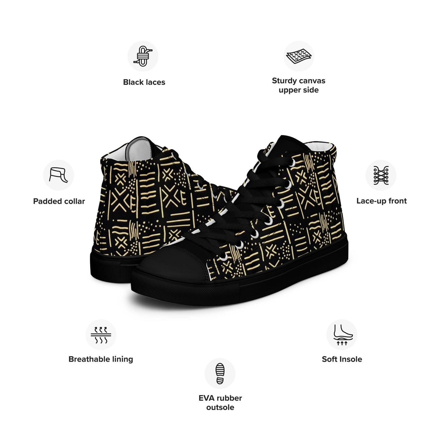 Cream Black African Print Men’s high top canvas shoes