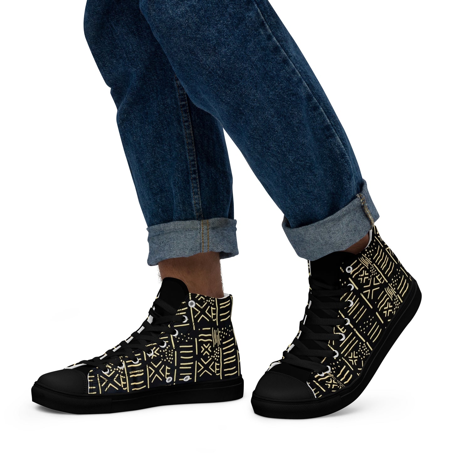 Cream Black African Print Men’s high top canvas shoes