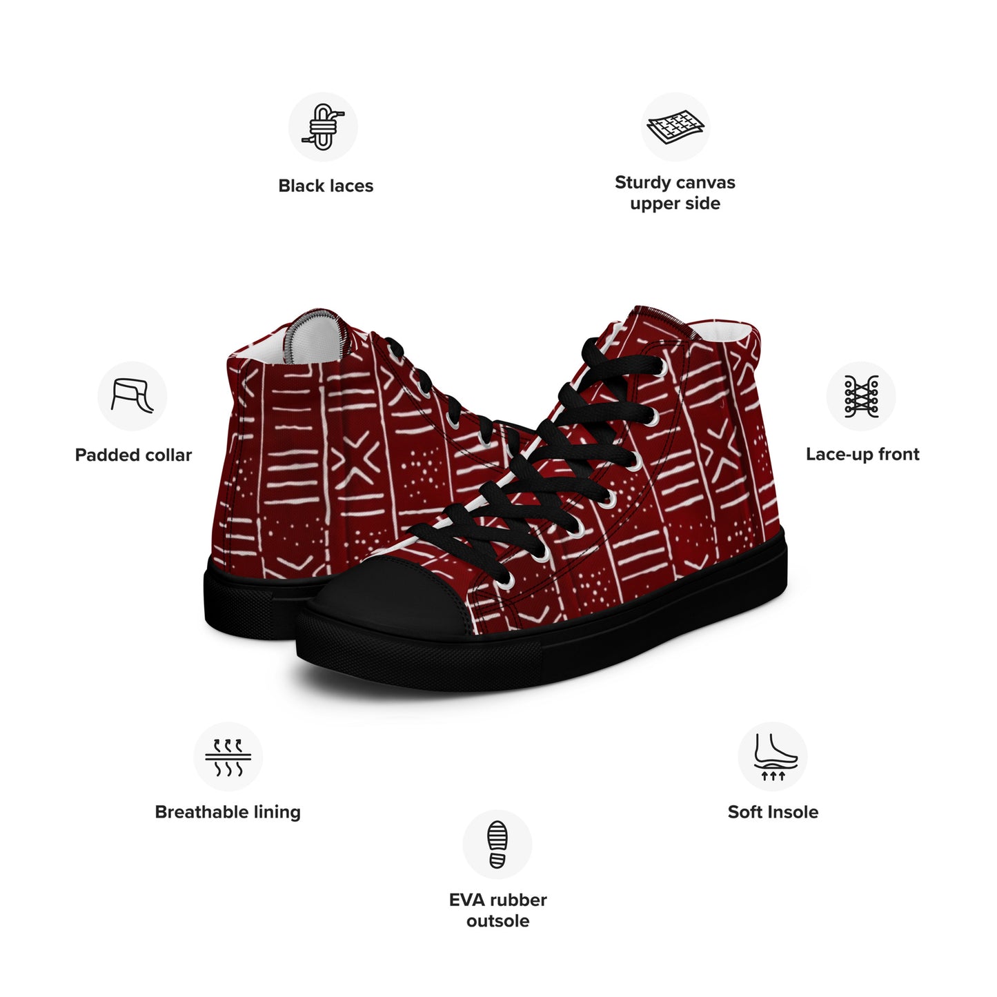 Red White African Print Men’s high top canvas shoes