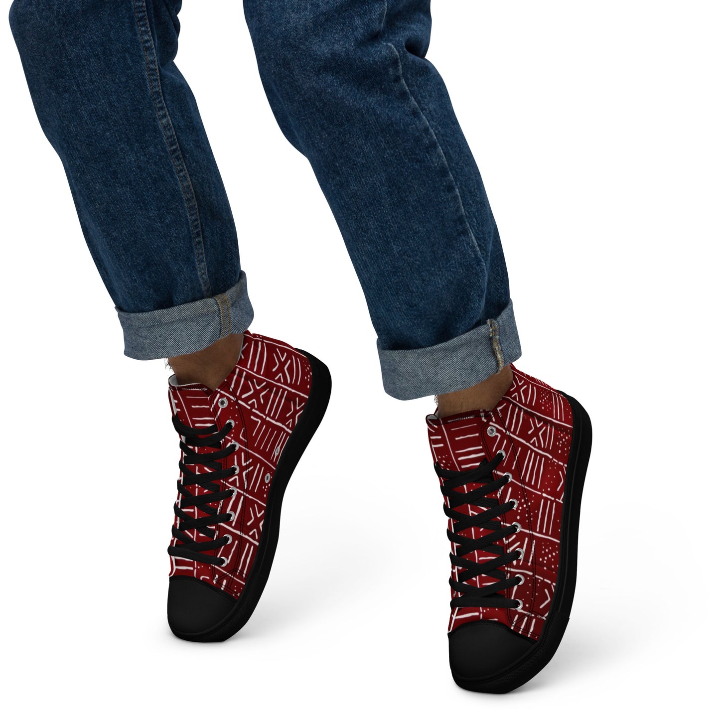 Red White African Print Men’s high top canvas shoes