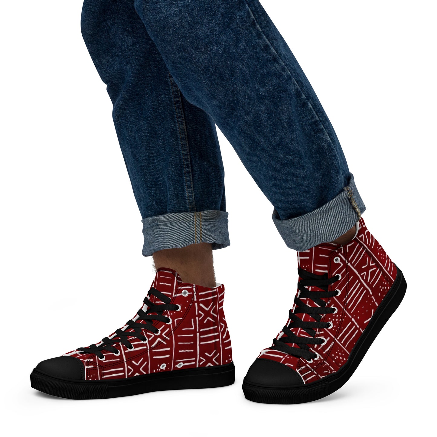 Red White African Print Men’s high top canvas shoes