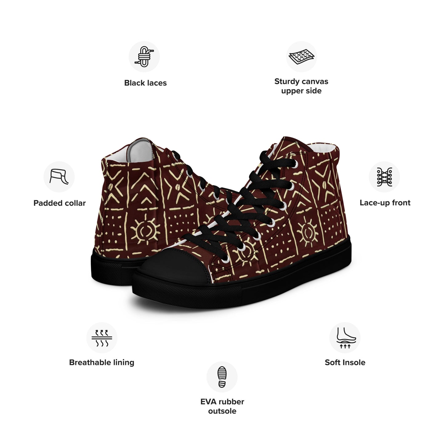 Brown African Print Men’s high top canvas shoes