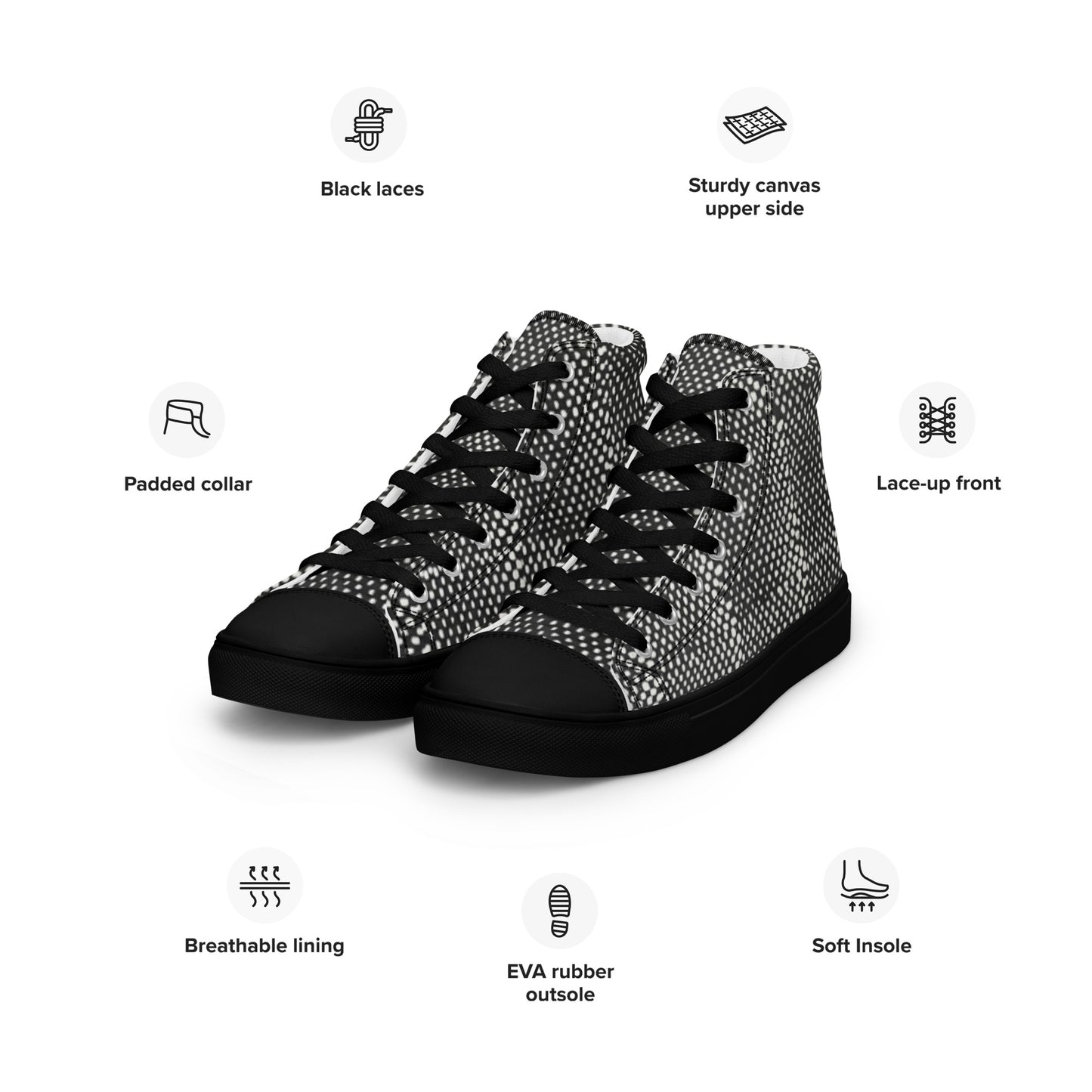 Black White Polka Dots Adire Men’s high top canvas shoes