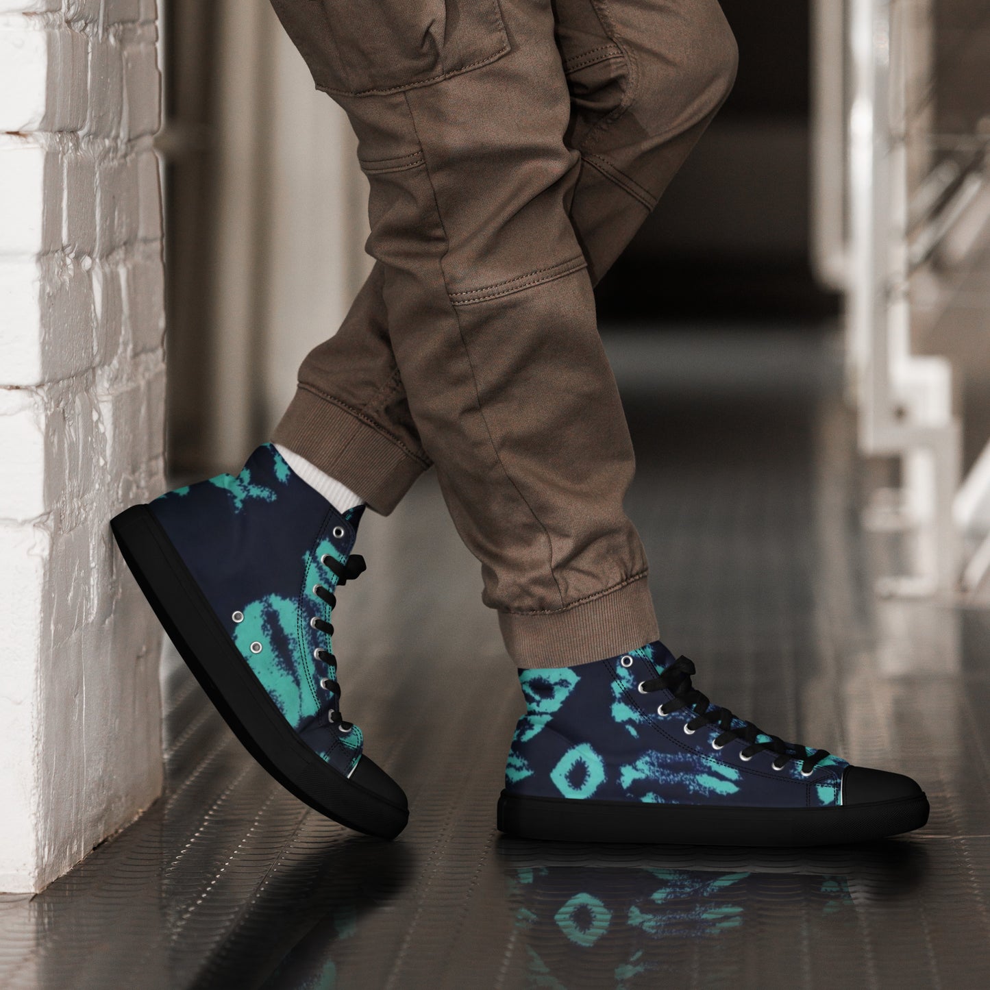 Turquoise Adire Ankara Men’s high top canvas shoes