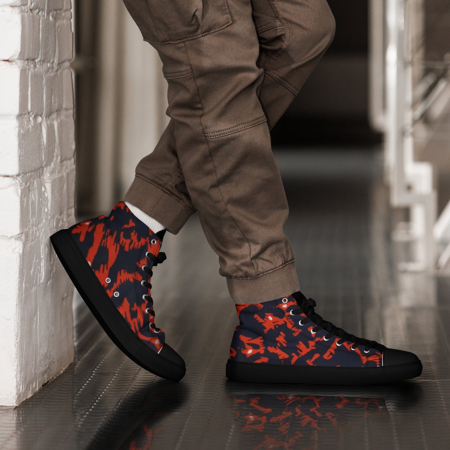 Orange Leopard Men’s high top canvas shoes