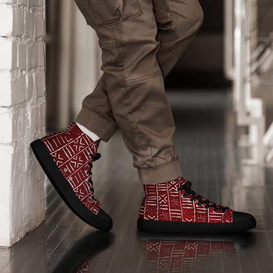 Red White African Print Men’s high top canvas shoes