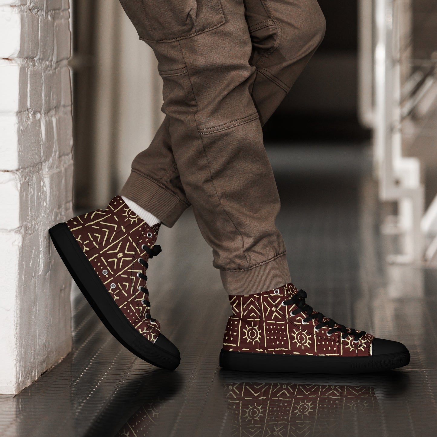 Brown African Print Men’s high top canvas shoes