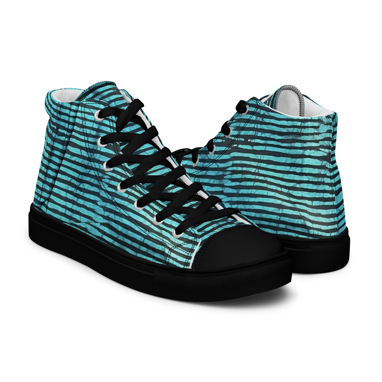 Aqua Black Stripes Adire Men’s high top canvas shoes