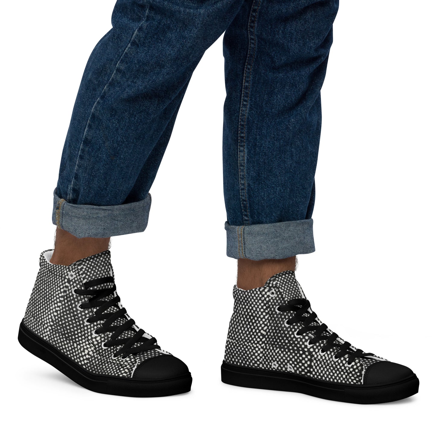 Black White Polka Dots Adire Men’s high top canvas shoes