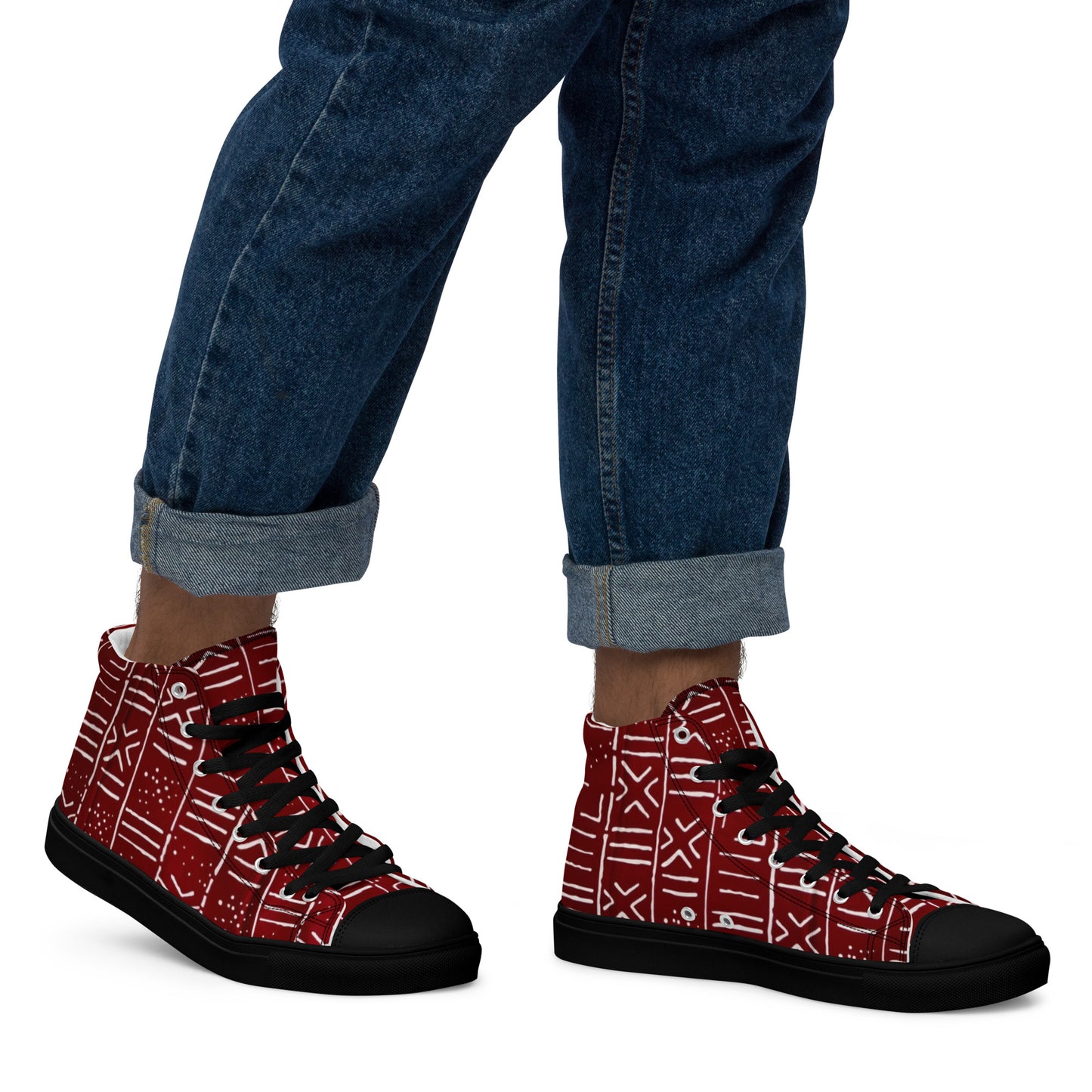 Red White African Print Men’s high top canvas shoes