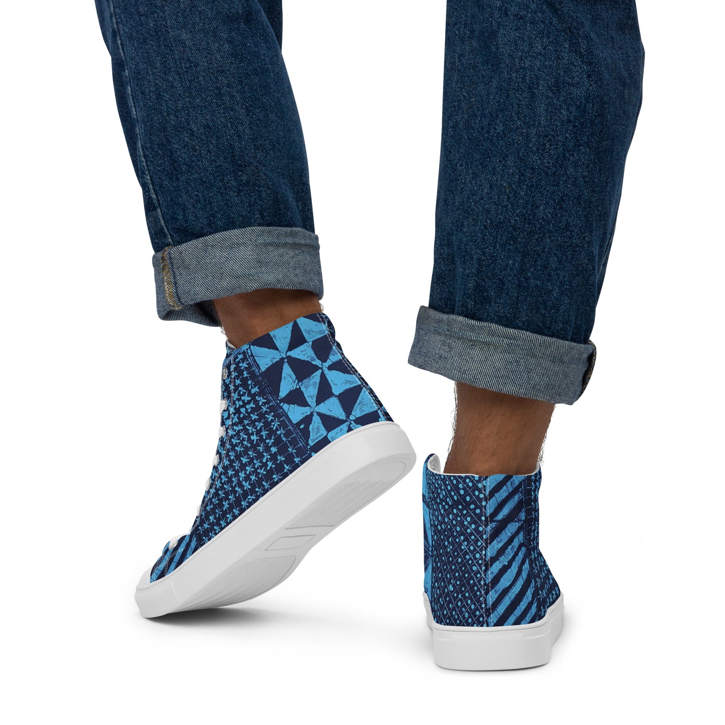 Black And Turquoise Shapes Adire Men’s High Top Canvas Shoes