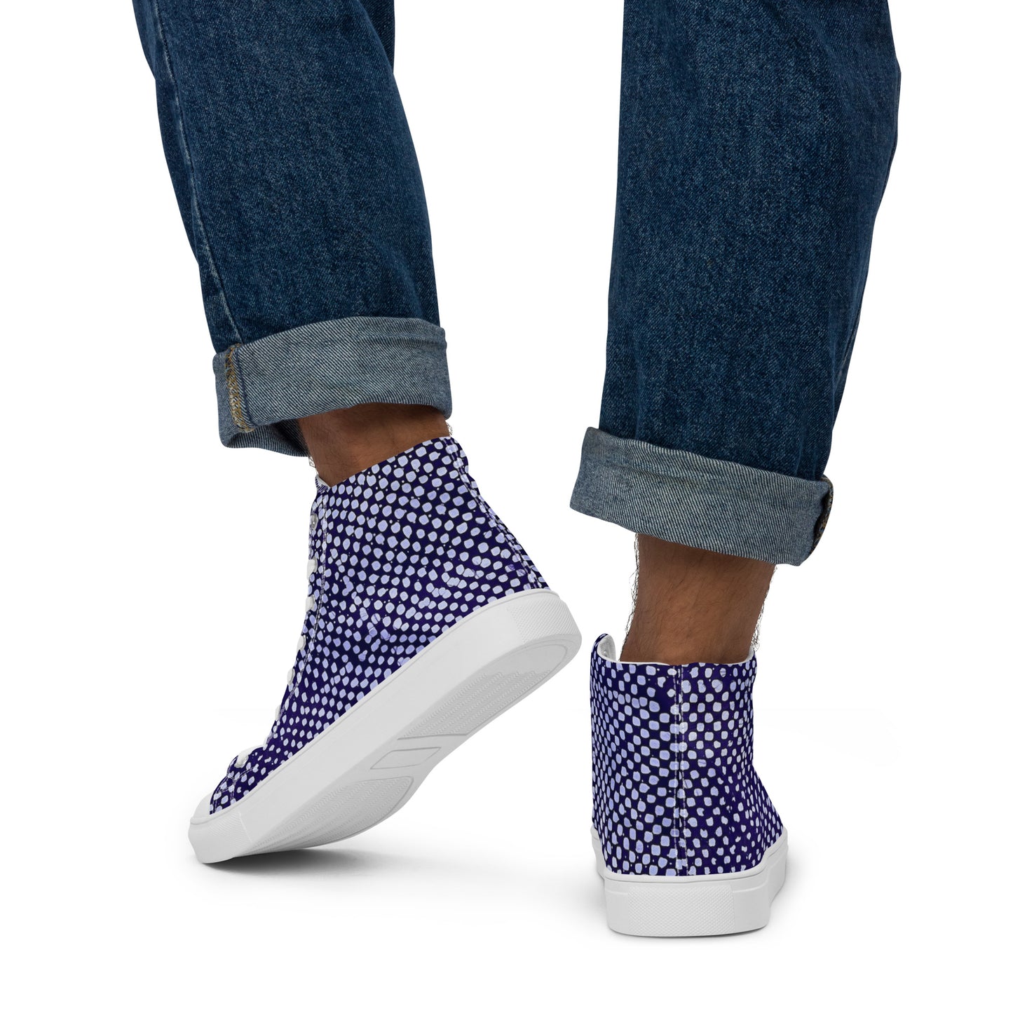 Purple & White Polka Dots Adire Men’s high top canvas shoes