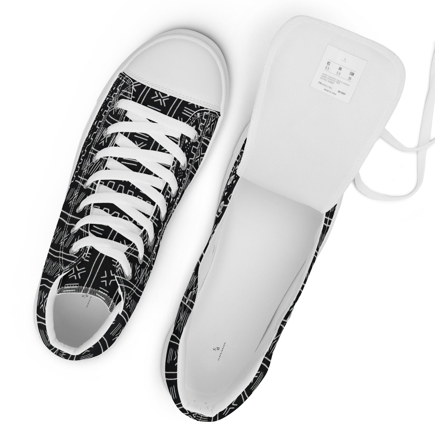 Black White Bogolan Men’s high top canvas shoes