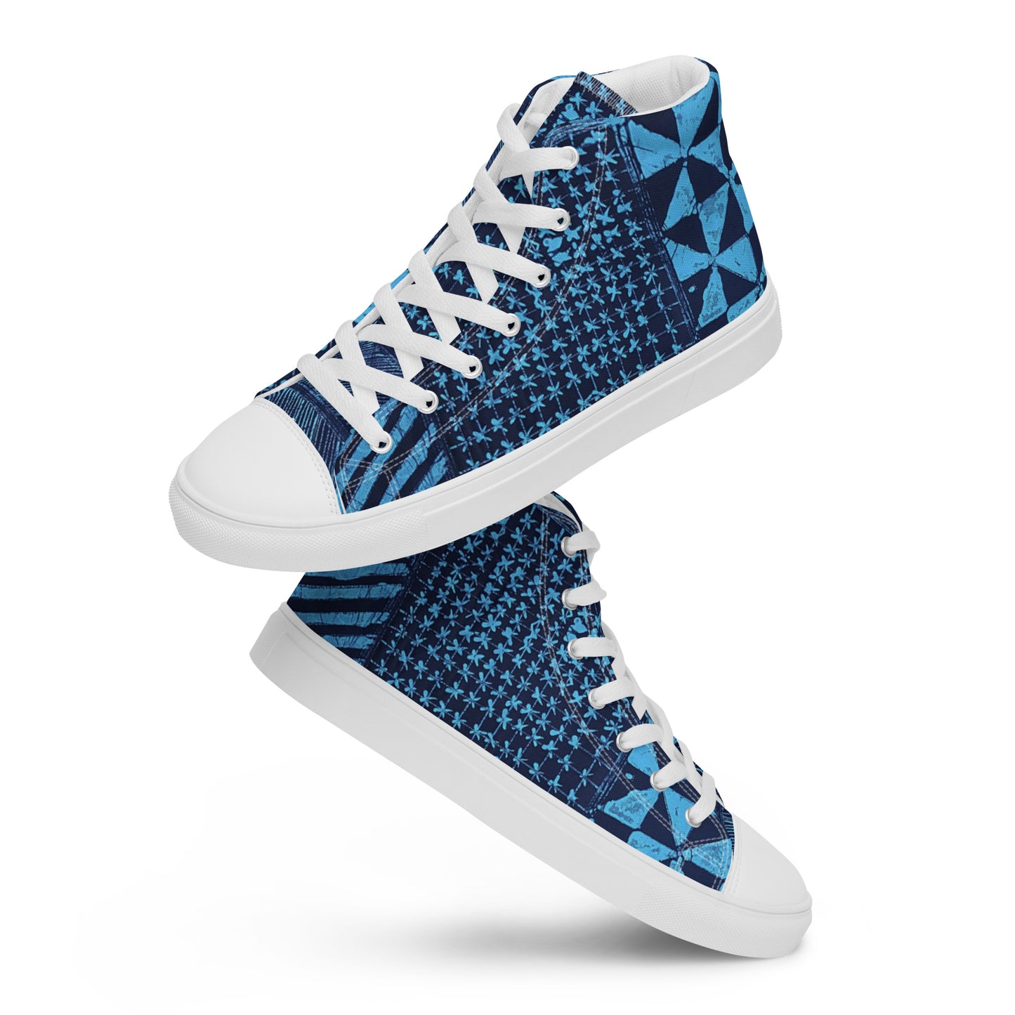 Black And Turquoise Shapes Adire Men’s High Top Canvas Shoes