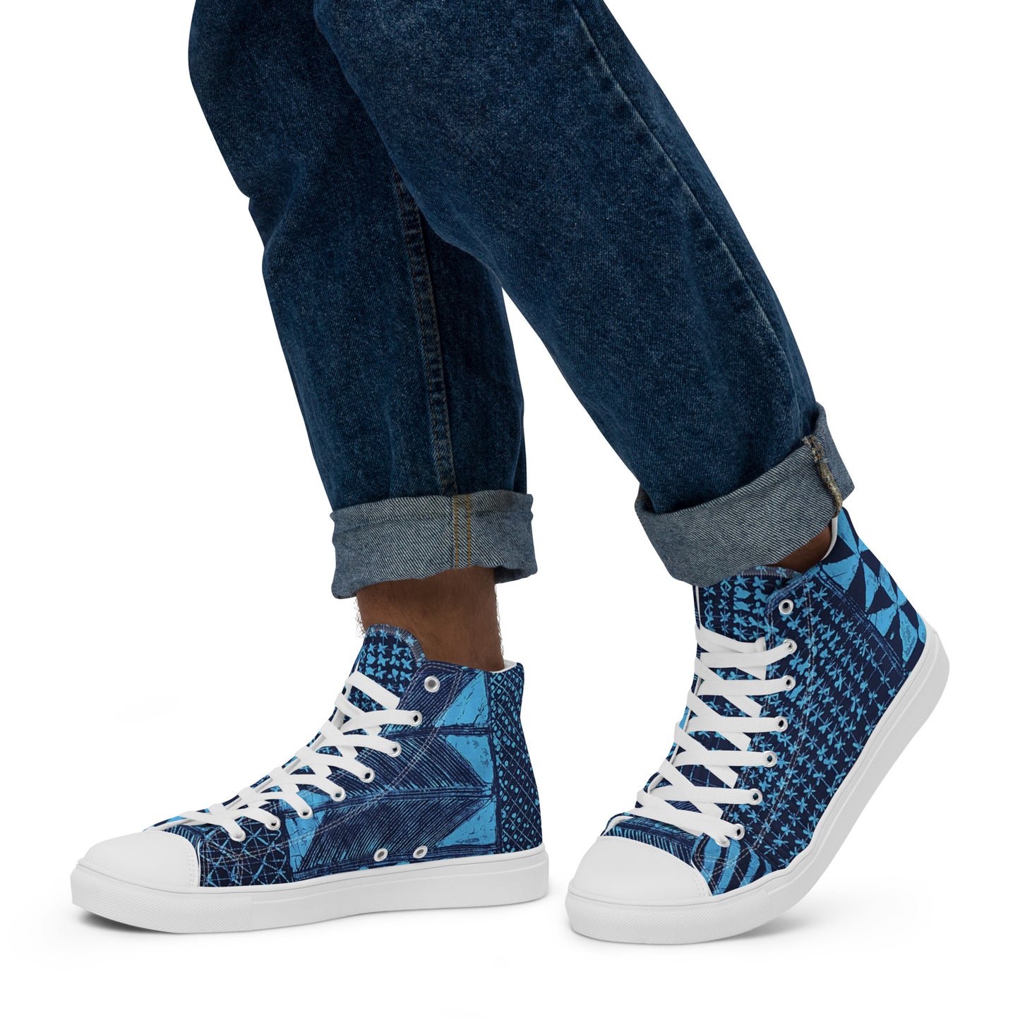 Black And Turquoise Shapes Adire Men’s High Top Canvas Shoes