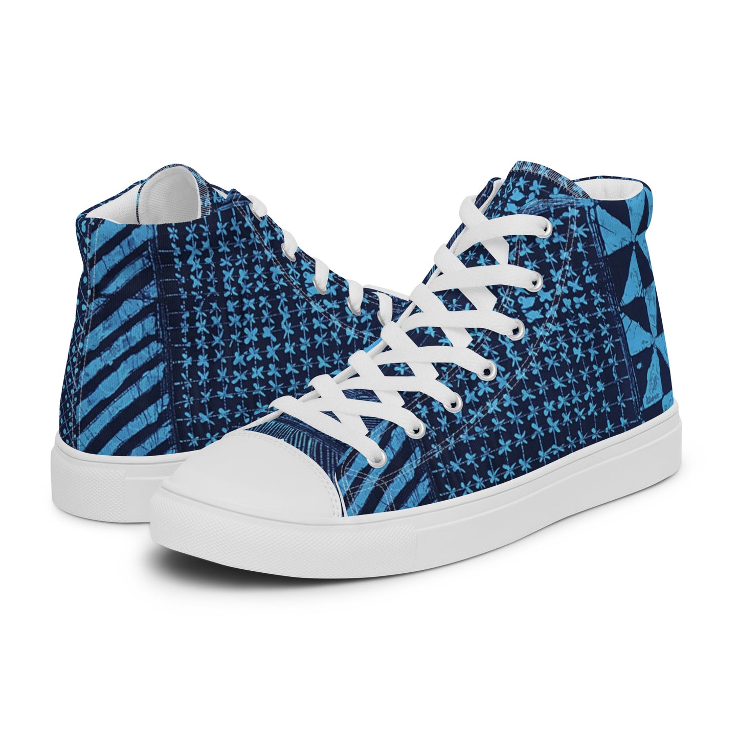 Black And Turquoise Shapes Adire Men’s High Top Canvas Shoes