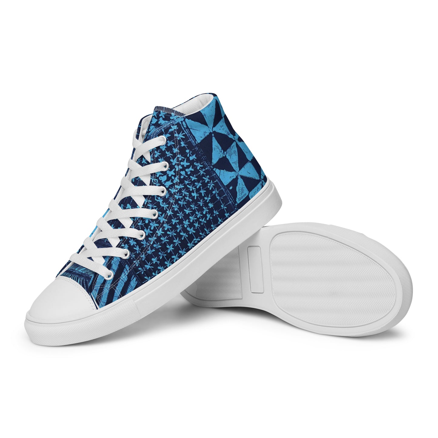 Black And Turquoise Shapes Adire Men’s High Top Canvas Shoes