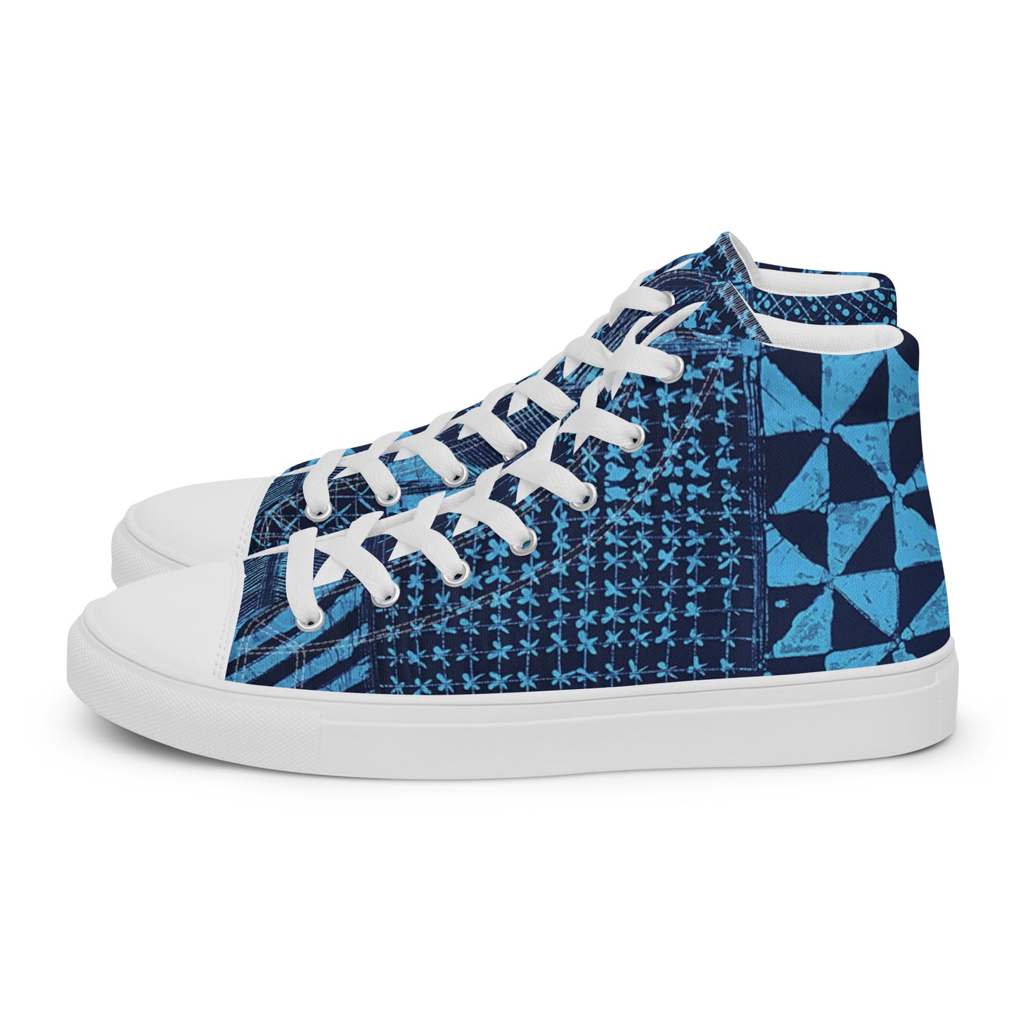 Black And Turquoise Shapes Adire Men’s High Top Canvas Shoes